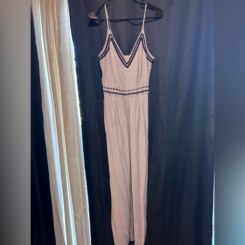 Striped Jumpsuit with Navy Embroidery - Size Large